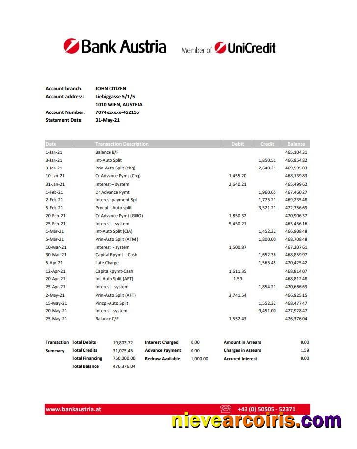 Austria Bank Austria bank statement easy to fill in Excel and PDF format